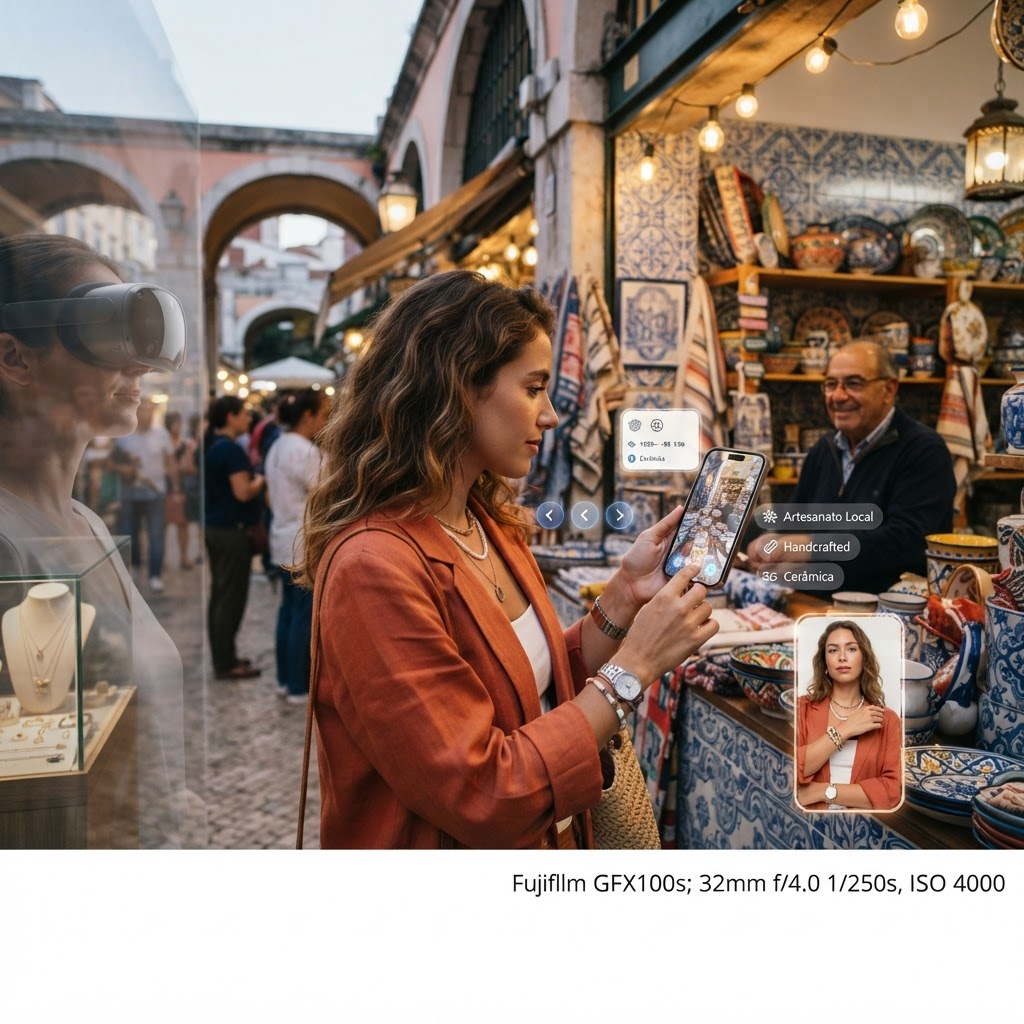 Traveler using Fygitaly multilingual AI with AR shopping guidance in a local market